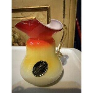 Vintage Cased Kanawha Amberina Melon Glass Pitcher 4-1/4" Red Yellow Art Glass